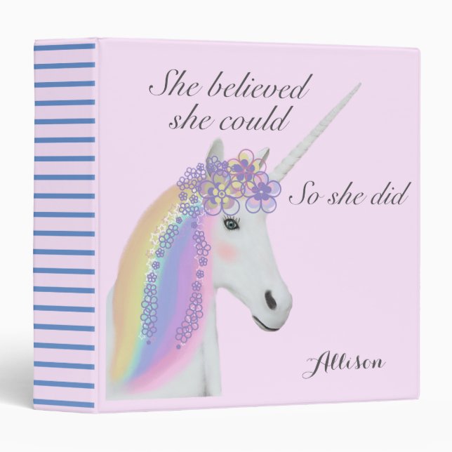 Unicorne personnalisée Classeur rose arc-en-ciel (Devant/Côté)