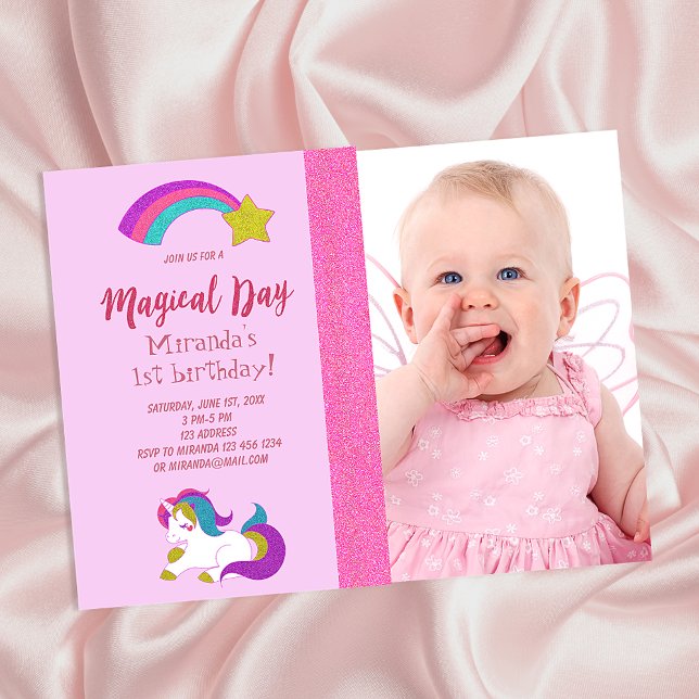 Unicorne photo 1er anniversaire fille invitation (Créateur téléchargé)