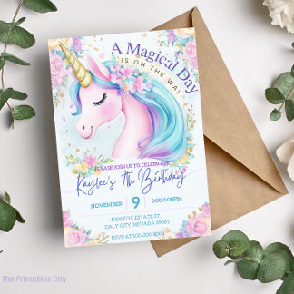 Unicorne rose Anniversaire Or Rainbow Invitation