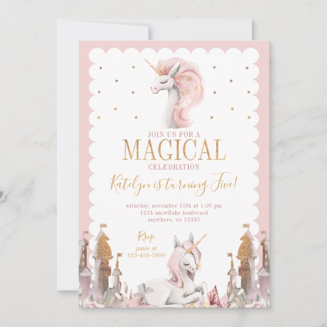 Unicorne rose et or Anniversaire Invitation Magiqu (Devant)