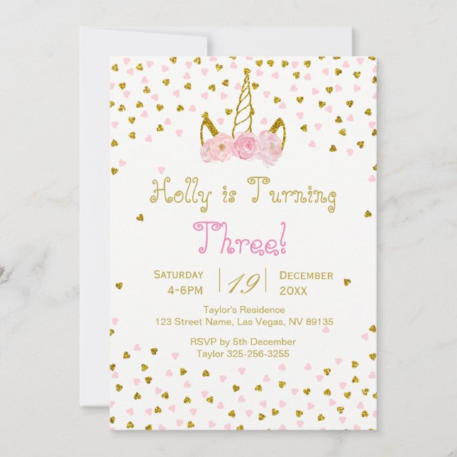 Unicorne rose et or Invitation d'anniversaire (Devant)