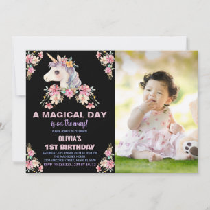 Unicorne rose floral photo Invitations d'anniversa