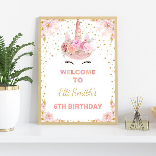 Unicorne rose florale Affiches de bienvenue
