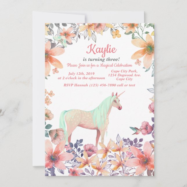 Unicorne rose florale Invitation de fête d'anniver (Devant)
