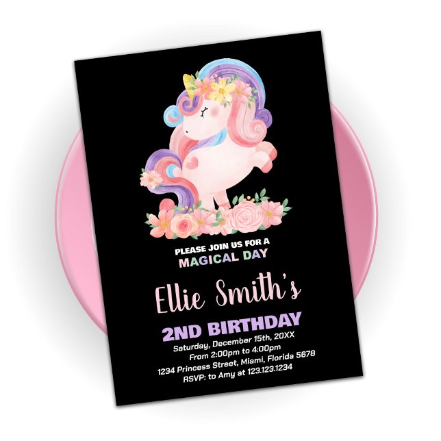 Unicorne rose florale Invitations d'anniversaire (Créateur téléchargé)
