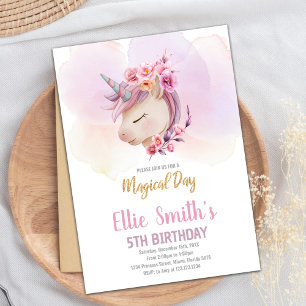 Unicorne rose florale Invitations d'anniversaire