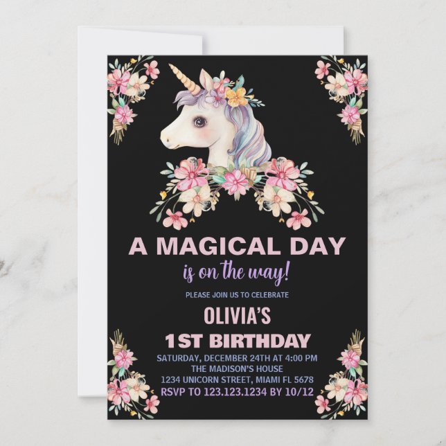 Unicorne rose florale Invitations d'anniversaire (Devant)