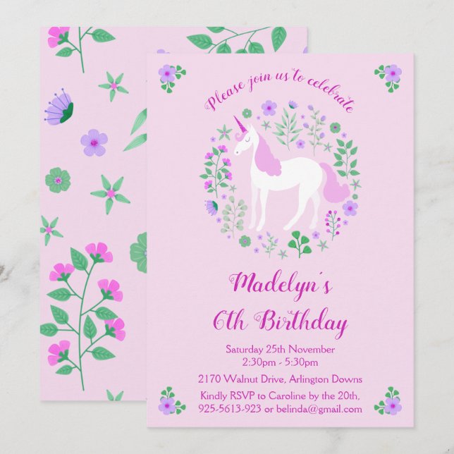 Unicorne rose Invitation de fête d'anniversaire (Devant / Derrière)