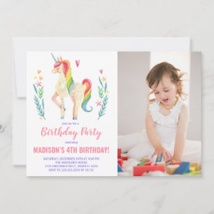 Unicorne rose Invitations d'anniversaire avec phot