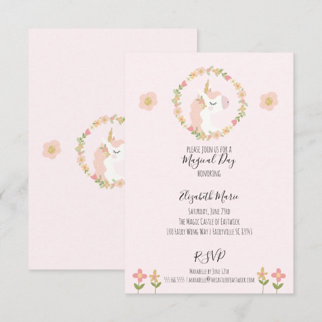 Unicorne rose Invitations de fête d'anniversaire (Devant / Derrière)
