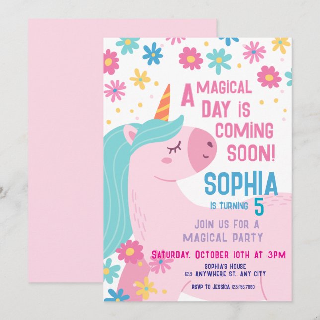 Unicorne rose magique Invitation Anniversaire Arc  (Devant / Derrière)
