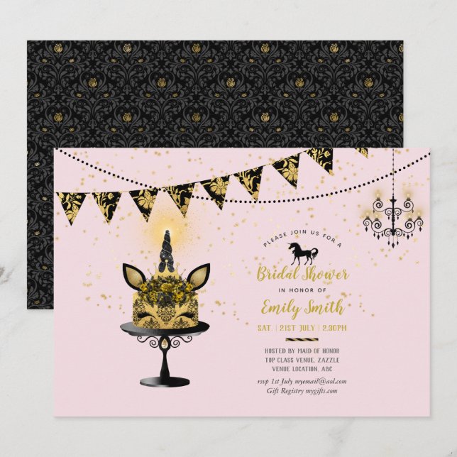 Unicorne rose noir Fête des mariées Invitations go (Devant / Derrière)
