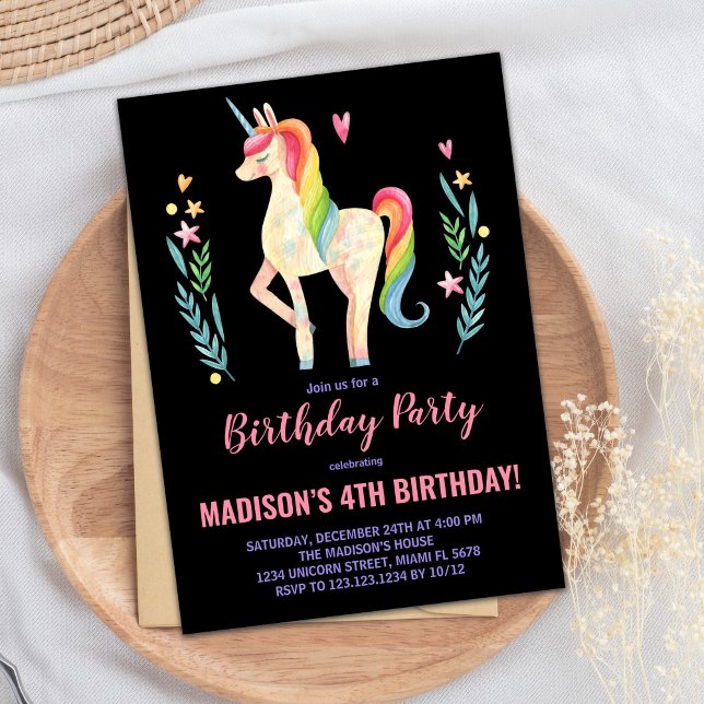 Unicorne rose noir Invitations d'anniversaire (Pink Black Unicorn Birthday Invitations)