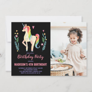 Unicorne rose noir Invitations d'anniversaire avec