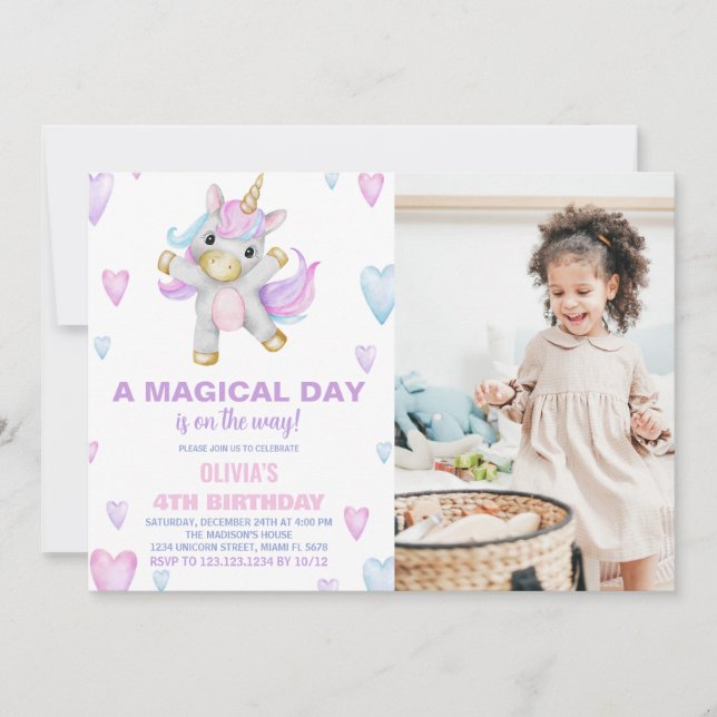 Unicorne rose pourpre Invitations Anniversaire ave (Devant)
