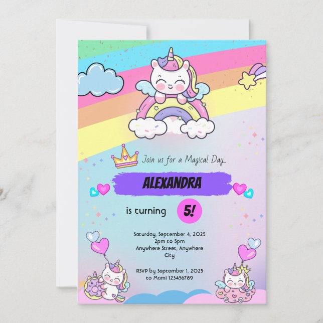 unicorne rose violet invitation d'anniversaire (Devant)