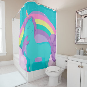 Unicorne verte avec rideau de douche arc en ciel