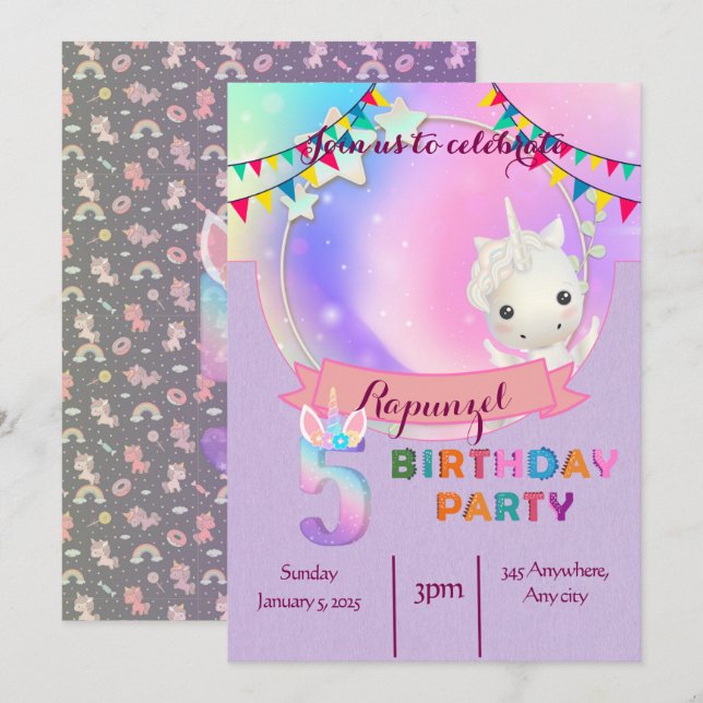 Unicorne Whimsical - Invitation à la fête d'annive (Devant / Derrière)
