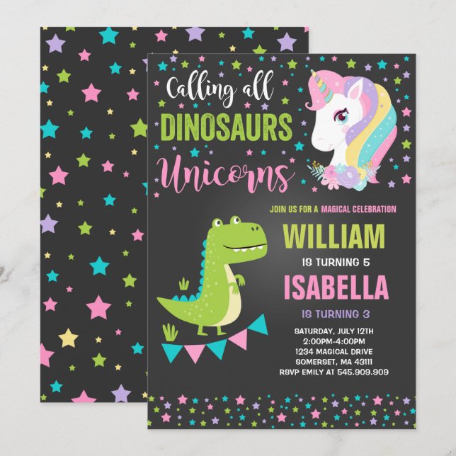 Unicornes Et Dinosaures Invitation Magique (Devant / Derrière)