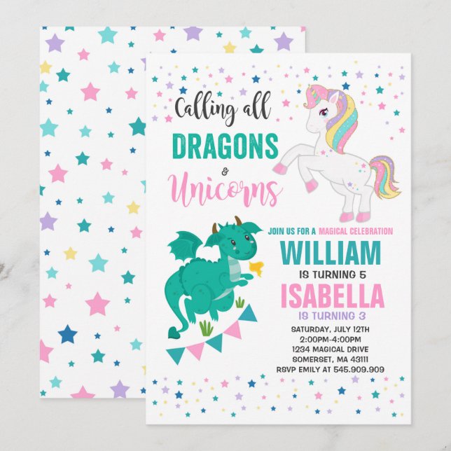 Unicornes Et Dragons Anniversaire Invitation Magiq (Devant / Derrière)