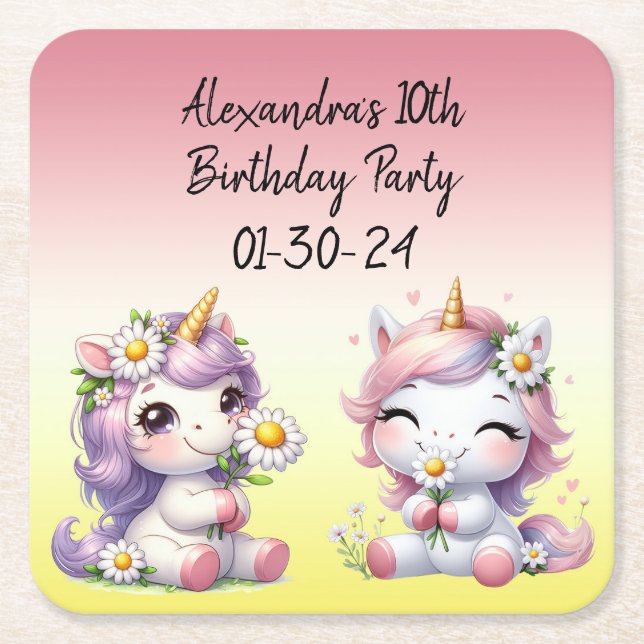 Unicorns and daisies, child's birthday party square paper coaster (Front)
