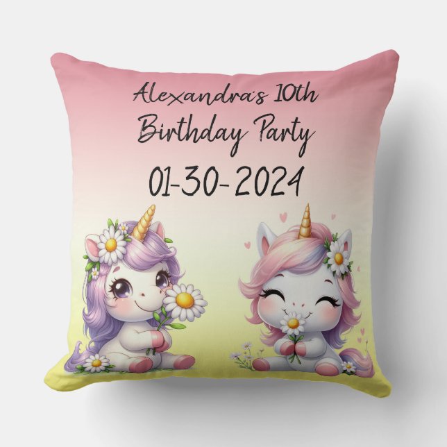 Unicorns and daisies, child's birthday party throw pillow (Front)