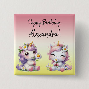 Unicorns and daisies, "Happy Birthday" party 2 Inch Square Button