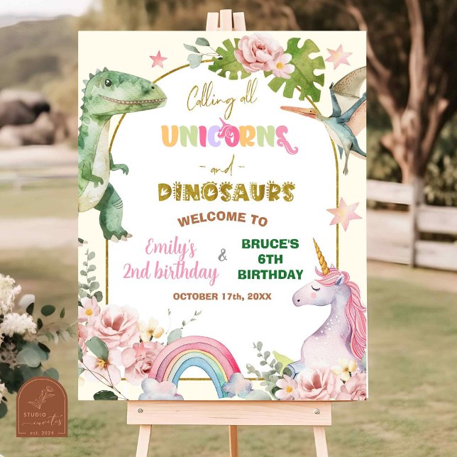 Unicorns and Dinosaurs Joint Sibling  Welcome Sign (Creator Uploaded)