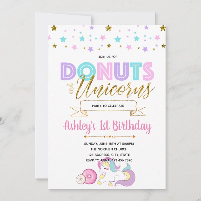 Unicorns and doughnuts party invitation (Front)