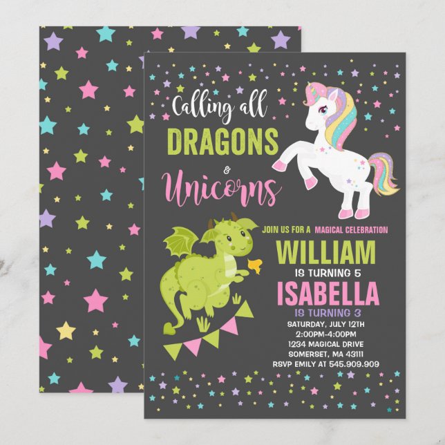 Unicorns And Dragons Birthday Invitation Magical (Front/Back)