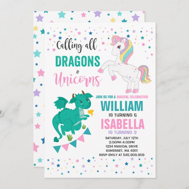 Unicorns And Dragons Birthday Invitation Magical (Front/Back)
