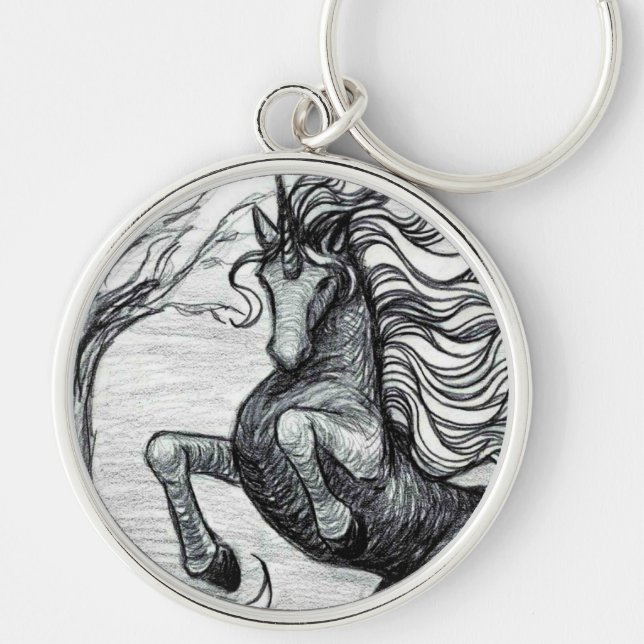 Unicorns Black Unicorn Black & White Drawing Keychain (Front)