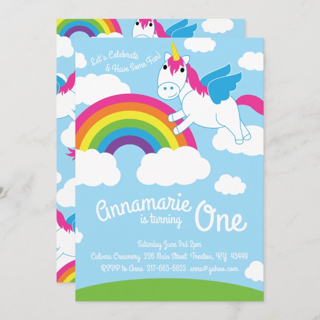 Unicorns et Rainbow 1st Birthday Cute Invitations (Devant / Derrière)