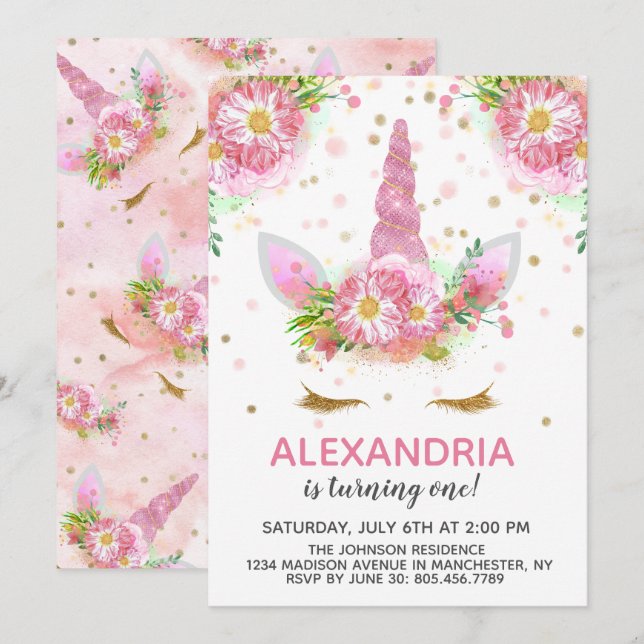 Unicorns in Bloom Birthday Invitation (Front/Back)
