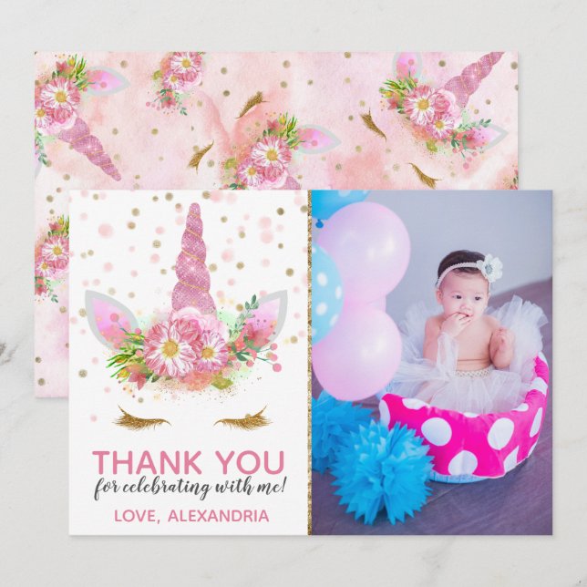Unicorns in Bloom Thank You Card (Front/Back)
