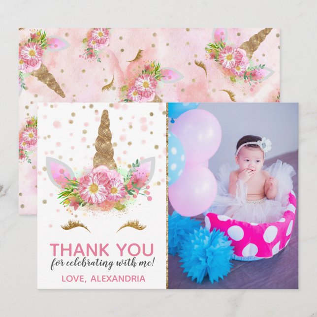 Unicorns in Bloom Thank You Card (Front/Back)