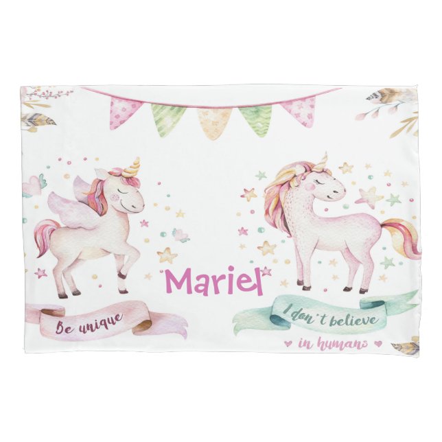 Unicorns in love boho style add name pillowcase (Front)