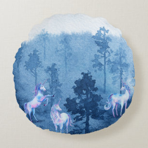 Unicorns in the mist round pillow