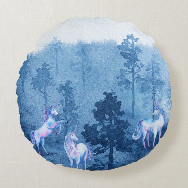 Unicorns in the mist round pillow (Front)