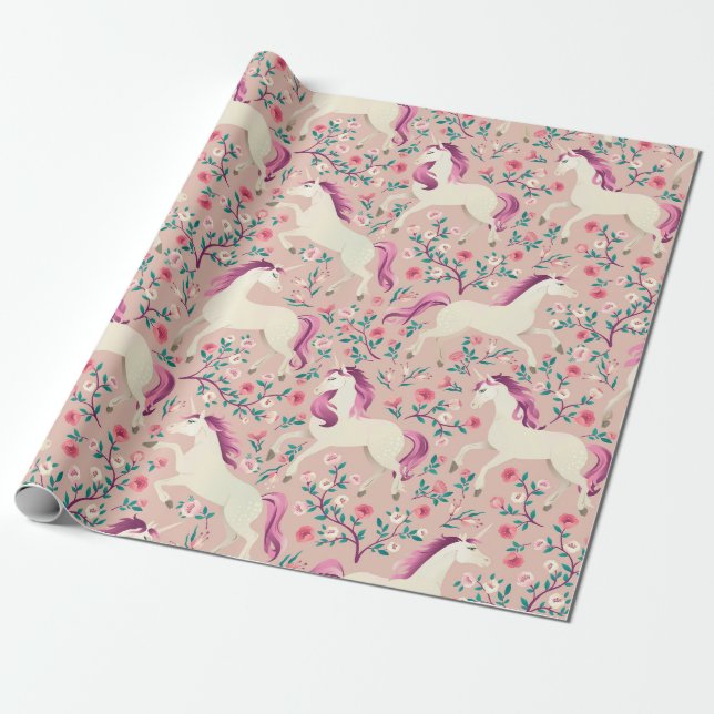 Unicorns in the Pink Forest Wrapping Paper (Unrolled)