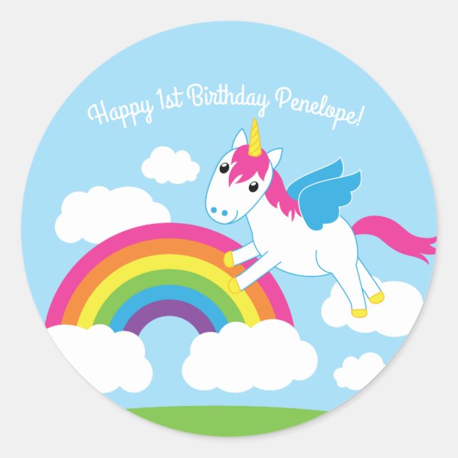 Unicorns Kids Birthday Party Theme Classic Round Sticker (Front)