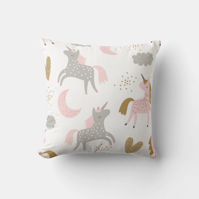 Unicorns Magical Pink Grey Boho Girly Cute Throw Pillow (Front)