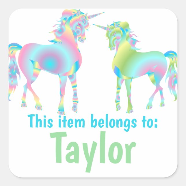 Unicorns Magical Rainbow with Name Square Sticker (Front)