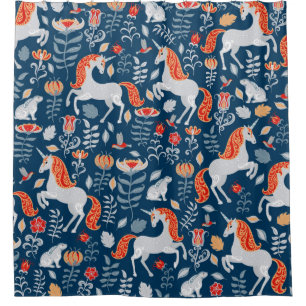 Unicorns,rabbits,birds,flowers on a blue backgroun