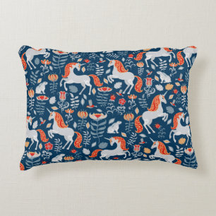 Unicorns,rabbits,birds,flowers on a blue backgroun accent pillow