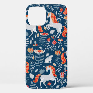 Unicorns,rabbits,birds,flowers on a blue backgroun iPhone 12 case