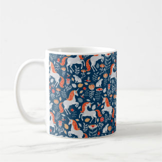 Unicorns,rabbits,birds,flowers on a blue backgroun coffee mug