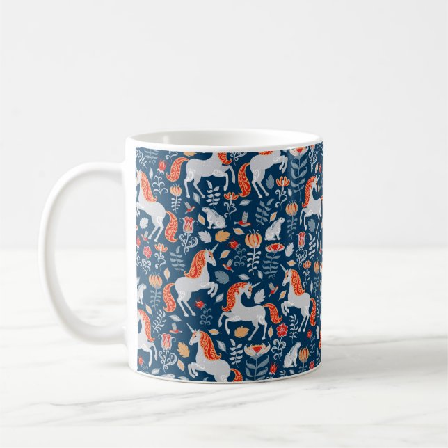 Unicorns,rabbits,birds,flowers on a blue backgroun coffee mug (Left)
