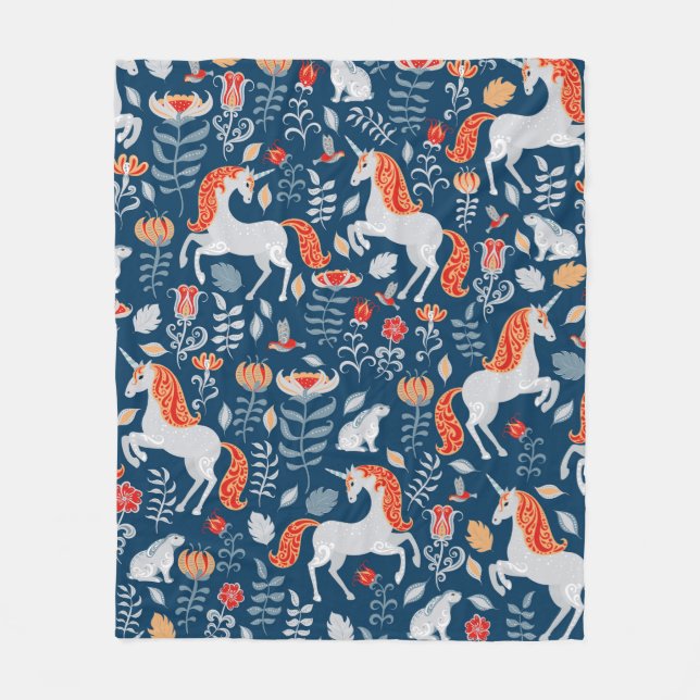 Unicorns,rabbits,birds,flowers on a blue backgroun fleece blanket (Front)