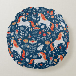 Unicorns,rabbits,birds,flowers on a blue backgroun round pillow
